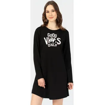 Dámská noční košile Vienetta Dámská noční košile s dlouhým rukávem Good vibes Barva: Černá, Velikost: L