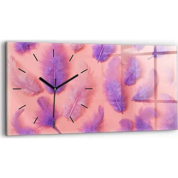 Hodiny Minimalistické Horizontální Skleněné Nástěnné Hodiny s Fotografií Barevná Pírka 60x30 cm