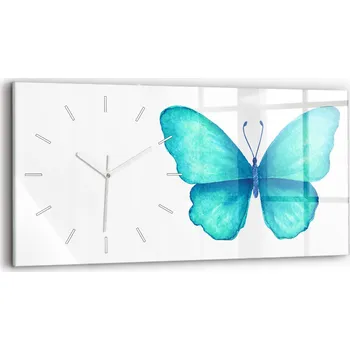 Hodiny Moderní skleněné foto hodiny na zeď horizontální 60x30 cm Tyrkysový letní motýl