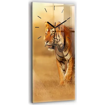Hodiny Velké skleněné hodiny s tichým mechanismem, nástěnné, motiv Loft - Lov tygra, 30x60 cm