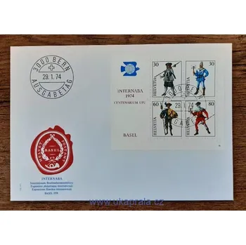 Sběratelství ŠVÝCARSKO FDC aršík Bl 22, fil. výstava INTERNABA 74, r. 1974
