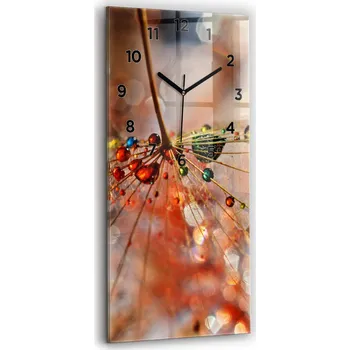 Hodiny Vertikální skleněné nástěnné hodiny do kanceláře s grafikou Pampeliška s rosou 30x60 cm