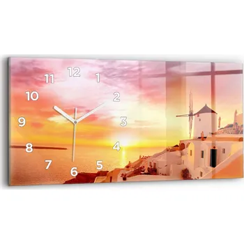 Hodiny Dekorativní nástěnné hodiny s krásnou grafikou 60x30 cm Starý větrný mlýn v Santorini