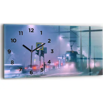 Hodiny Moderní skleněné hodiny s grafikou na zeď, horizontální, 60x30 cm - Varšava v mlze