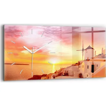 Hodiny Dekorativní nástěnné hodiny s krásnou grafikou 60x30 cm Starý větrný mlýn v Santorini