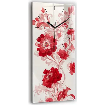 Hodiny Vertikální skleněné nástěnné hodiny do obýváku s motivem červených květů 30x60 cm