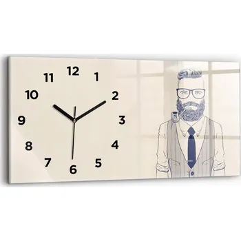Hodiny Moderní skleněné nástěnné hodiny horizontální 60x30 cm Muž s vousy a dýmkou