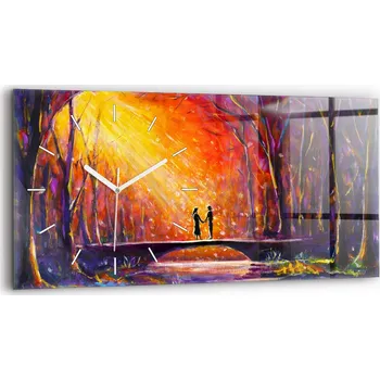 Hodiny Moderní skleněné nástěnné hodiny s potiskem horizontální 60x30 cm Pár v lese