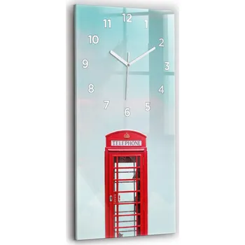 Hodiny Minimalistické skleněné nástěnné hodiny s grafikou Telefonní budka 30x60 cm