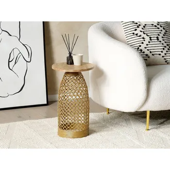 Obývací pokoj Odkládací stolek deska ze světlého mangového dřeva zlatý kovový podstavec kulatý geometrický tvar moderní příruční stolek Beliani