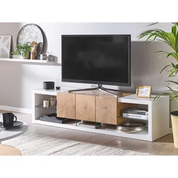 Televizní stolek TV stolek bílý světlé dřevo MDF tvrzené sklo 160 cm do 70ʺ zásuvka police moderní design Beliani