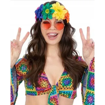 Karnevalový doplněk KVĚTINOVÝ VĚNEC NA HLAVU BAREVNÉ DUHOVÉ KVĚTY HIPPIE ČELENKA KARNEVAL