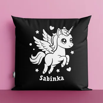 Dekorativní polštářek Polštář Jednorožec se jménem černý