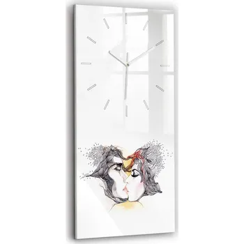 Hodiny Nástěnné vertikální skleněné hodiny s motivem Kresba milostný polibek 30x60 cm