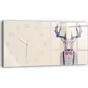 Hodiny Horizontální Skleněné Hodiny na Zeď do Obýváku s Grafikou Jelen v košili 60x30 cm