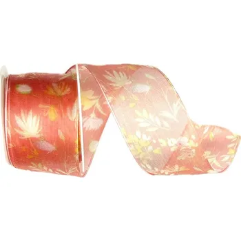 Stuha Stuha taftová BLOSSOM TALE CORAL světle červená průsvitná 40mm x 2m (15,-Kč/m) (Stuha taftová, průsvitná, oboustranná, potisk květin, s vetkaným vlascem v lemu)