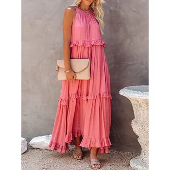 Dámské šaty Dámské letní maxi šaty s volány Barva: Růžová, Velikost: L