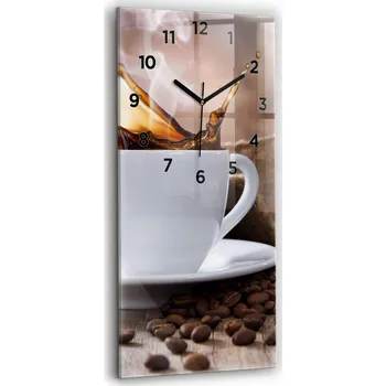 Hodiny Nástěnné Vertikální Skleněné Hodiny se Stylovým Potiskem Šálek kávy 30x60 cm