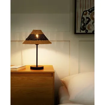 Lampička Stolní lampa černá kovový podstavec přírodní béžovo-černé pletené papírové stínidlo noční světlo ložnice obývací pokoj Beliani