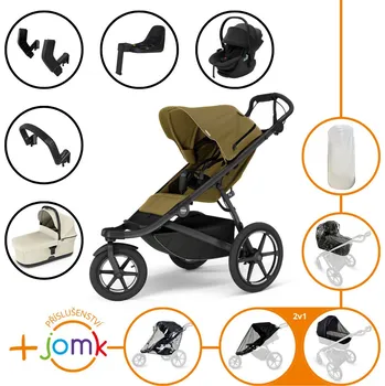 Kočárek Set 11v1 Thule Urban Glide 3 Nutria green + madlo + korbička Soft beige + příslušenství JOMK + autosedačka Thule Maple Black s ISOFIX základnou Thule Alfi a adaptéry