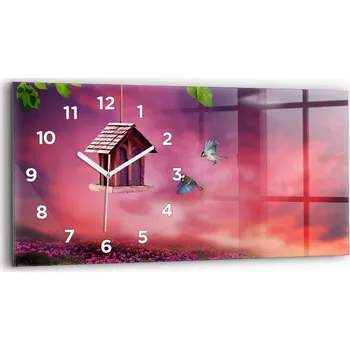 Hodiny Moderní skleněné hodiny s grafikou na zeď 60 cm x 30 cm Ptačí domek