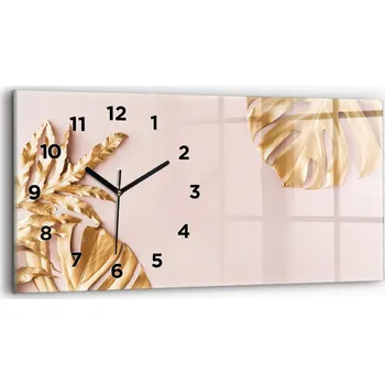 Hodiny Moderní skleněné hodiny s grafikou na zeď 60x30 cm Zlaté tropické listy