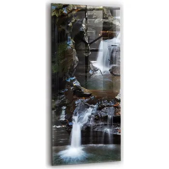 Hodiny Nástěnné vertikální skleněné hodiny do obýváku Vodopád a skály Islandu 30x60 cm