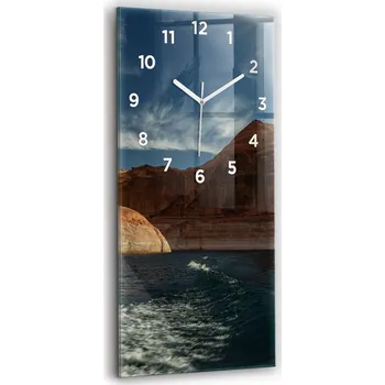 Hodiny Skleněné nástěnné hodiny do obýváku s grafikou: Osoba na vodních lyžích, 30x60 cm