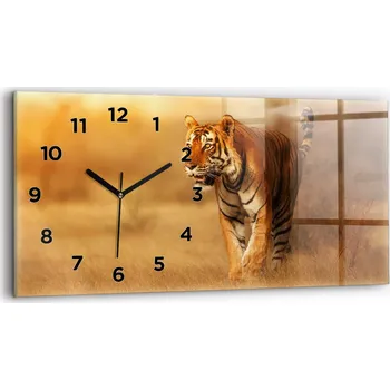 Hodiny Skleněné moderní nástěnné hodiny s potiskem 60 cm x 30 cm Lov Tygr