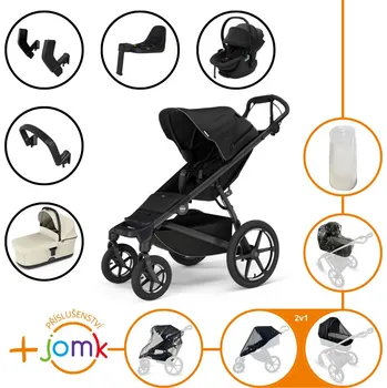 Kočárek Set 11v1 Thule Urban Glide 4-wheel Black + madlo + korbička Soft beige + příslušenství JOMK + autosedačka Thule Maple Black s ISOFIX základnou Thule Alfi a adaptéry