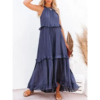 Dámské šaty Dámské letní maxi šaty s volány Barva: tmavě modrá, Velikost: L