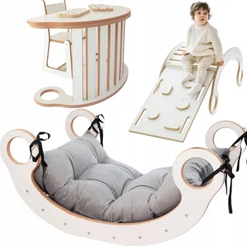 Dětská houpačka Sada HOUPAČKA MONTESSORI Polštář J.S + Stěna + Křeslo Pracovní deska Skluzavka CE