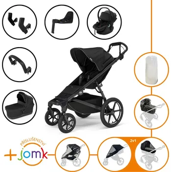 Kočárek Set 11v1 Thule Urban Glide 4-wheel Black + madlo + korbička Black + příslušenství JOMK + autosedačka Thule Maple Black s ISOFIX základnou Thule Alfi a adaptéry
