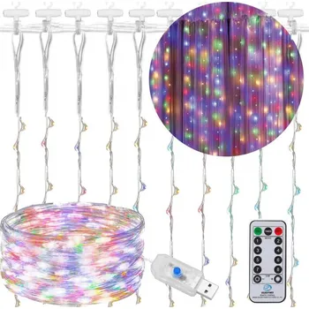SPRINGOS LED Nano světelný závěs - 3x2m, 200LED, 8 funkcí, ovladač, USB, IP44, multicolor
