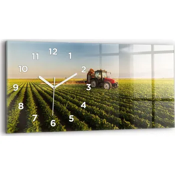 Hodiny Skleněné nástěnné hodiny do kanceláře s motivem traktoru postřikujícího pole 60x30 cm