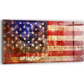 Hodiny Nástěnné horizontální skleněné hodiny s motivem vlajky USA ve vintage stylu, 60x30 cm