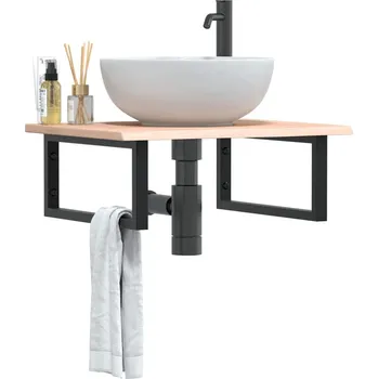 Koupelnový nábytek Deska pod umyvadlo nástěnná ocel a masivní dubové dřevo Hnědá3302593