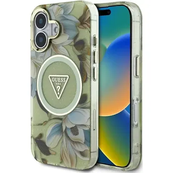 Pouzdro na mobilní telefon Pouzdro GUESS pro IPHONE 16 kompatibilní s MagSafe GUHMP16SHFLPEDN (IML Metal Glitter Flowers Triangle) zelené