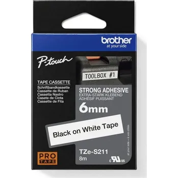 Páska BROTHER TZe-S211 bílá/černá (6mm, laminované, extrémně adhez.)