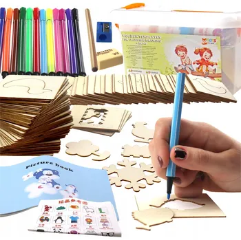 Dřevěná hračka Šablony na kreslení EVI dřevěné 100 ks s příslušenstvím