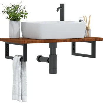 Koupelnový nábytek Deska pod umyvadlo nástěnná ocel a masivní dubové dřevo Hnědá3302345