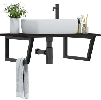 Koupelnový nábytek Deska pod umyvadlo nástěnná ocel a masivní dubové dřevo Hnědá 3302659