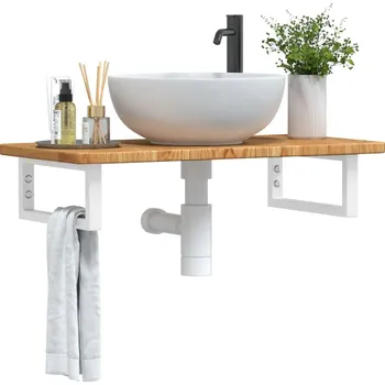 Koupelnový nábytek Deska pod umyvadlo nástěnná ocel a masivní dubové dřevo Hnědá 3302336