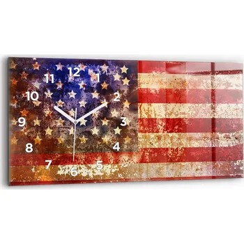 Hodiny Moderní skleněné nástěnné hodiny horizontální 60x30 cm Vlajka USA ve vintage stylu