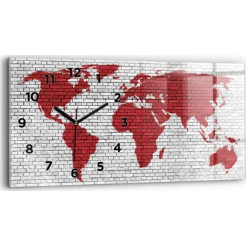 Hodiny Moderní skleněné nástěnné hodiny 60 cm x 30 cm Cihlová zeď Mapa světa