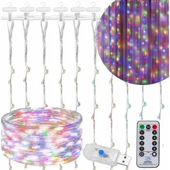 Vánoční dekorace SPRINGOS LED Nano světelný závěs - 3x3m, 300LED, 8 funkcí, ovladač, USB, IP44, multicolor