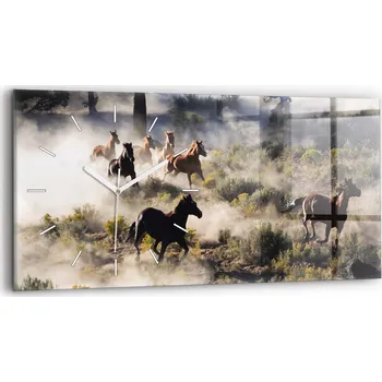 Hodiny Moderní skleněné hodiny s grafikou na zeď 60x30 cm Stádo rozjetých koní