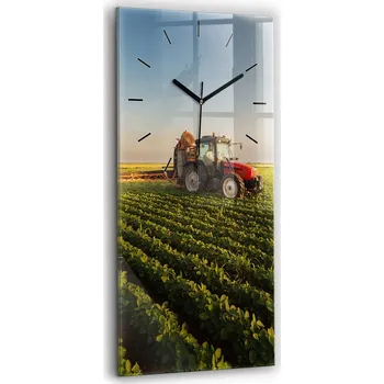 Hodiny Vertikální skleněné nástěnné hodiny s motivem Traktor na zemědělském poli 30x60 cm