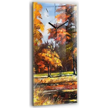 Hodiny Skleněné Vertikální Nástěnné Hodiny S Potiskem Podzimní krajina s řekou 30x60 cm