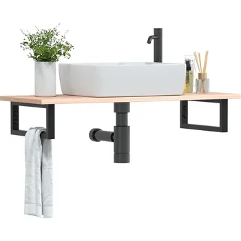 Koupelnový nábytek Deska pod umyvadlo nástěnná ocel a masivní dubové dřevo Hnědá3302549